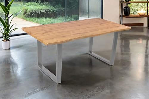 SAM Esstisch Josy | 180 x 90 cm | Holz Wildeiche-Optik | U-Gestell Metall Silber | 40 mm Tischplatte mit Baumkante | Tisch für Esszimmer & Küche
