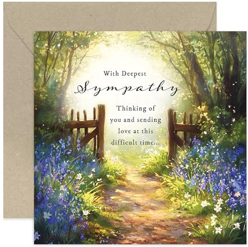 Tarjeta de felicitación de condolencias con condolencias más profundas, hermosa pintura floral de camino de campo, interior en blanco con sobre, fabricada en el Reino Unido