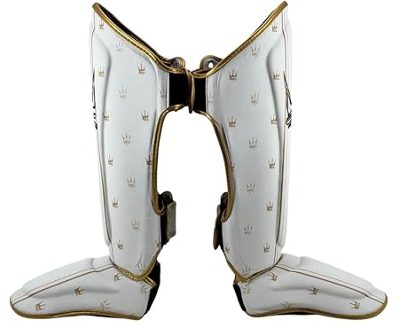 White & Gold Shin Guards by Endangered Fightwear - Microfiber Shin Guards for Muay Thai, Kick Boxing and MMA Fighters - Training Protection - UK (L)