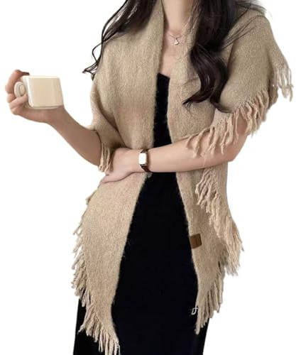 Chal de punto triangular para mujer, elegante bufanda de pashmina de mezcla de lana con flecos, chal cálido de invierno para mujer, bufanda elegante para otoño y uso diario, caqui, Talla única