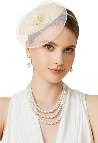 BABEYOND Fascinator Hut für Damen, Elegante Kopfbedeckung mit Mesh-Blumen Stirnband und Haarclip für Hochzeiten Damen Race Day, Cocktail Party Beige