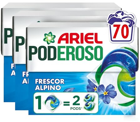 Ariel PODs PODEROSO, Detergente Líquido En Cápsulas 14 Lavados, Frescor De Los Alpes, Con Aditivos Integrados, Quitamanchas Y Eliminación De Olores X2 (Paquete de 5)