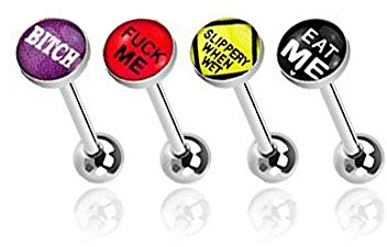 Gekko Body Jewellery 4 Pack of Surgical Steel 14 Gauge (1.6mm) Rude Word Tongue Bars with Epoxy Dome Ball