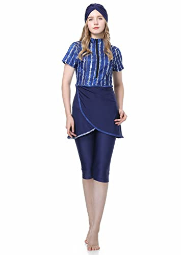 CaptainSwim Nuove Donne Musulmano Costume Da Bagno Modesto Manica Corta Tre Pezzi Islamico Hijab Signore Beachwear Nuoto Burkini Costumi Da Bagno, blu navy, XL