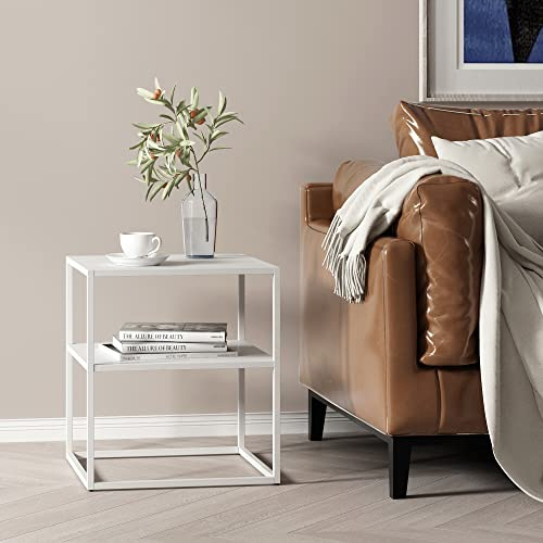 [en.casa] Tavolino Basso da Soggiorno Comodino a 2 Ripiani Tavolino in Acciaio Consolle da Divano 50 x 45 x 40 cm - Bianco Opaco