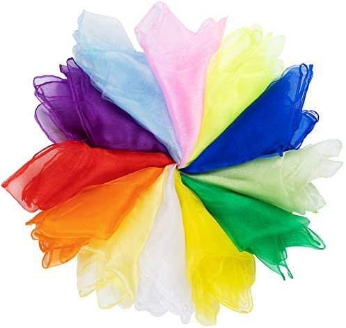 ABSOFINE 12 Stück Bunte Jongliertücher, Kindergarten Tücher, Chiffontücher Gymnastiktücher,Tanz Tücher,Sensorisches,Kindershow,Aktivitäten Zubehör Dekoration (60x60cm)