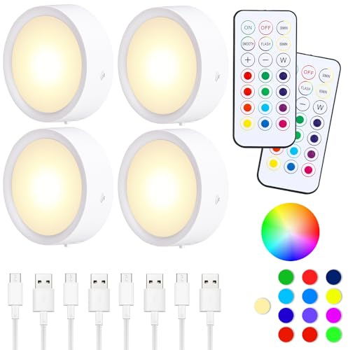 Zawaer Luz LED Armario Recargable USB 4pcs, Luz Nocturna Inalámbricas 1000mAh, 13 Colores Luces Regulables, con Mandos a Distancia, Luz con Temporizador, Magnético(con Adhesivo de Metal)
