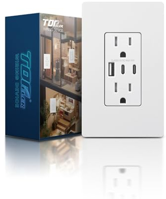 TOPELER USB Wall Outlets, 3-Port USB C Outlet Receptacles, 30W 6.0A USB Electrical Outlet, 15 Amp Tamper-Resistant Outlet with Dual C Ports, ETL & FCC Listed, Screwless Wall Plate Included, White