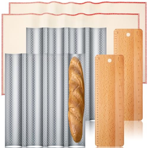 Tiangrid 2 Sets Baguette-Brotpfannen-Set beinhaltet 2 Stück 38,1 x 33 cm perforierte französische Brotbackformen, 4 antihaftbeschichtete Brote, Baguette-Blech, 2 Baguette-Transferschälen, 2