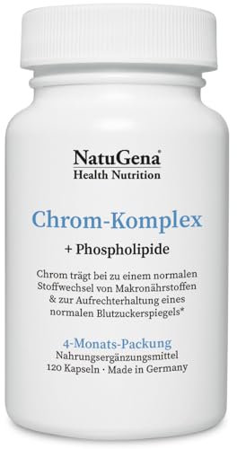 NatuGena Chrom-Komplex, Chrom-Picolinate, Chrom-III-Chlorid & Phospholipide, trägt zu einem normalen Stoffwechsel bei, 120 Kapseln (4 Monats Packung)