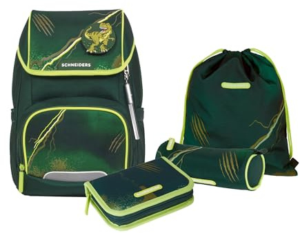Schneiders 78455-065 - 6-teiliges Schulranzen-Set Ergojet Dino Olive mit Turnbeutel, Federmappe, Schlamperrolle und individuellen Patches, ergonomischer Rücken und Reflektoren, ca. 21 l Volumen