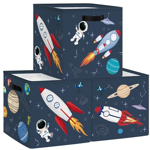 Clastyle Set di 3 Scatole Portaoggetti Spazio Cosmico Cubo di Stoccaggio per Armadio Vestiti Cesto Scaffali Bambini Scrigno dei Giocattoli e Libri per Scuola Materna,Razzo,30x30x30 cm