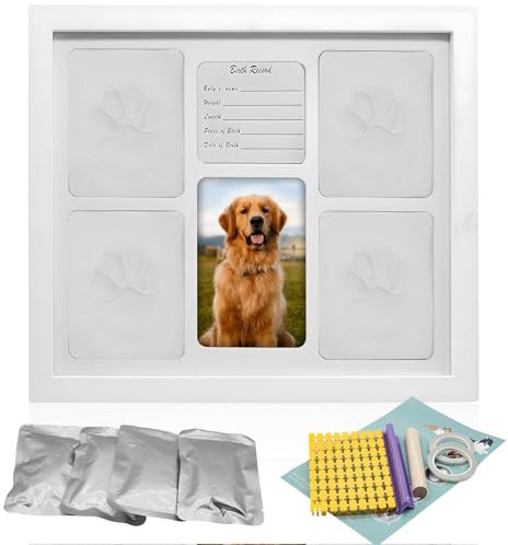 Delgeo Pfotenabdruck-Set Hunde und Katzen, Holz-Bilderrahmen, 3D-Fotorahmen, Wanddekoration, Tier-Handabdruck-Set (Eins-Weiß)