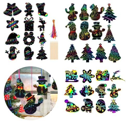 HSYTEK Weihnachtsgeschenke Kleinigkeiten, Regenbogen Kratzpapier, Kratzpapier Kratzbilder Weihnachten für Jungen, Mädchen DIY-Malerei, Kratzkunst und Kunsthandwerk, 12 Stück