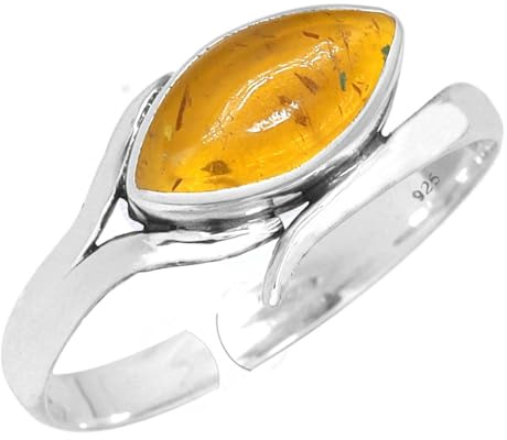 Anillo ajustable de plata y ámbar naranja de Jeweloporium, anillo de plata de ley 925 para mujer, joyería bohemia con gema marquesa