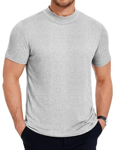COOFANDY Turtle Neck T Shirts for Men High Neck T Shirt Slim Fit Summer Tee Shirt Casual Undershirt Solid Color Basic Round Neck T-Shirts Light Grey XL