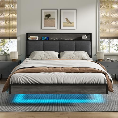 KIMENICH Lit 140 x 190, Lits 140x190 cm avec Multiprise et Étagère Ouverte, Cadre de Lit avec Sommier à Lattes en Métal, Lits pour Adulte, Gris