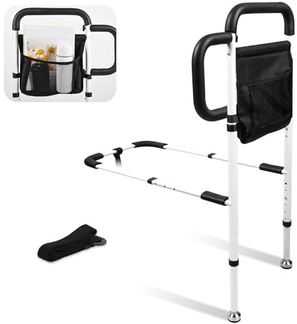 NobrNyanT Bed Rails for Elderly Adults Safety, Adjustable Bed Cane with Sturdy Support Foot & 2 Storage Pockets, Steel Frame Bedside Assist Safety Rail for Seniors, Universal Fit King/Queen/Full/Twin.