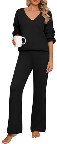 PASUDA Tuta Donna Completa Elegante 2 Pezzi Pigiama Invernale Autunno Maglioni Maniche Lunghe Scollo V Pantaloni a Gamba Larga Elastico in Vita Set Sportiva Abbigliamento Lounge Casa