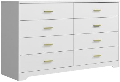 Wooden 8 Drawers Dresser with Metal Gold Handles, Large Size Wide Chest of Drawers Heavy Duty Storage Organizer Bedroom Living Room Furniture (White)