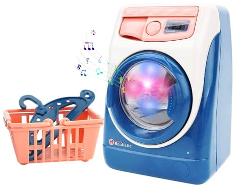 DIELIANHUA Machine A Laver Enfant Électroniques avec Sons et Lumière Jouet Menage Jeu De Blanchisserie avec Panier à Linge et Cintres Accessoires de Maison de Poupée (Bleu)