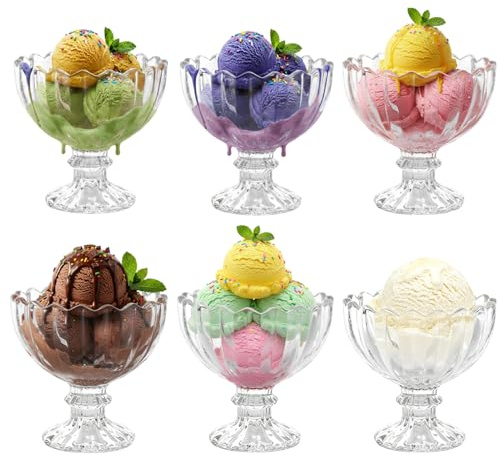 TOLASTO Ice Cream Bowls Set of 6,210ml Glass Dessert Bowls,Clear Footed Sundae Glasses,Vintage Dessert Cups for Trifle,Pudding,Fruit Salad,Mousse and Prawn Cocktail,Dishwasher Safe