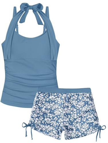 Girls Swimming Costume Padded Bras 7-15 Years, Two Piece Drawstring Halterneck Girls Tankini Swimsuit with Boy Shorts Kids Bathing Suit, Grey Blue Trees 11-12 Years