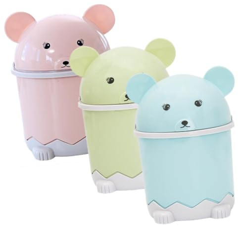 Homoyoyo Cestino da Scrivania Piccolo Coperchio a Vibrazione in ABS Mini Cestino Creativo da Tavolo a Forma di Cartone Animato Set da 3 Pezzi Colorati per Bagno e Casa