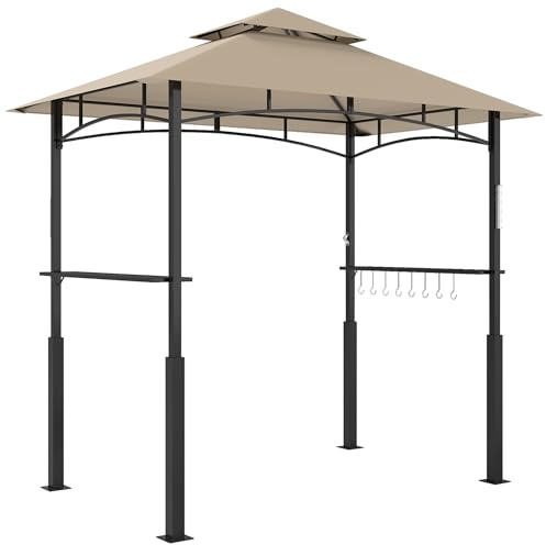 Outsunny Grillpavillon mit zwei Ebenen, Empfangsmarkise für Garten, mit LED-Licht, Haken an der Decke, 2 Seitenablagen, 240 x 150 x 250 cm, Khaki