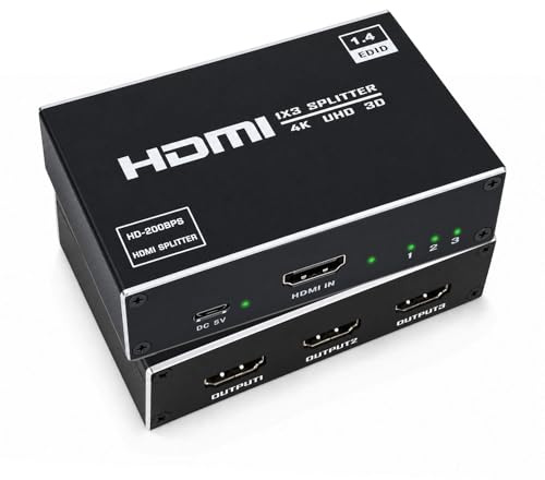 HDMI-Splitter 1 in 3 Ut 4K UHD 1080P HDCP 1.4 3D Aluminium För 3 Monitorer | Plug&Play, kompatibel med TV, DVD, spel, streaming, HDCP 1.4, 3D, UHD, 1080p, stabil och hållbar