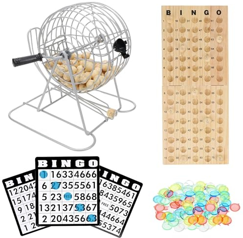 WE Games Retro Bingo Game Set with Metal Rotary Cage, Deluxe Wooden Master Board, Wood Balls, Party Games for Families, Fairs, and Churches