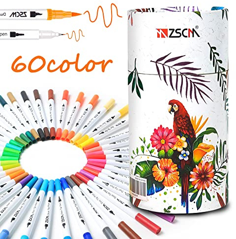 ZSCM Rotuladores de Doble Punta, 60 Colores - Pincel y Punta Fina - Para Adultos, Libros de Colorear, Bullet Journal, Caligrafía - Tinta al Agua No Tóxica