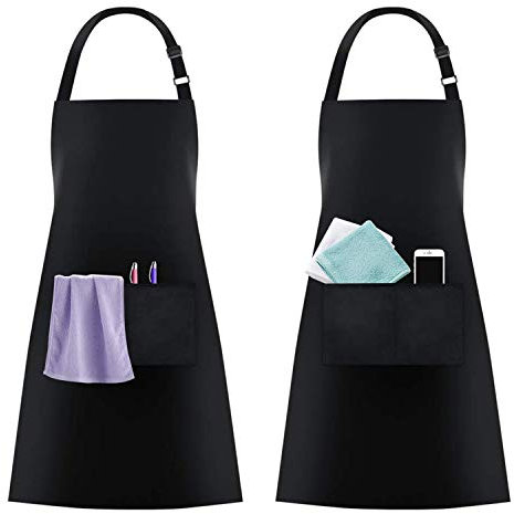 KTHZI 2 Pack Adjustable Aprons, Polyester Waterproof Aprons with Pockets, Home Kitchen Chef Apron for Cooking, Baking, BBQ, Restaurant, Coffee house, Unisex 2PCS(Black)