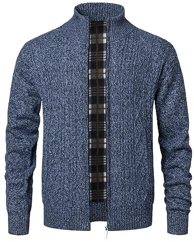 Yukirtiq Cardigan Homme Automne Hiver Manches Longues Pull Zippé Gilet Veste avec Poches Chaud Coupe-Vent Manteau Cardigans, Bleu, L