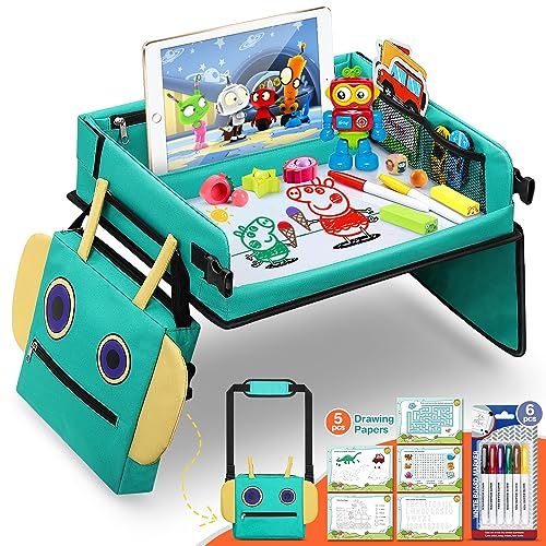 COOLJOY Vassoio da Viaggio per Auto da Toddler, Vassoio da Seggiolino con Zaino Robot e Superficie di Disegno Cancellabile, 6 Penne a Colori e 5 Carte da Disegno Educative, Tavolino Auto per Bambini