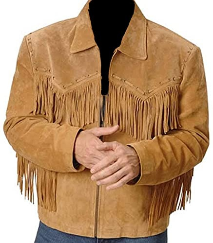 HiFacon Giacca tradizionale da uomo in pelle scamosciata con frange | stile cowboy occidentale con frange, Marrone - Giacca con Frange, XL