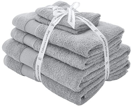 Catherine Lansfield Bathroom Anti Bacterial 500 gsm Soft & Absorbent Cotton 6 Piece Towel Set Silver Grey, Towels, 6 Piece Bale