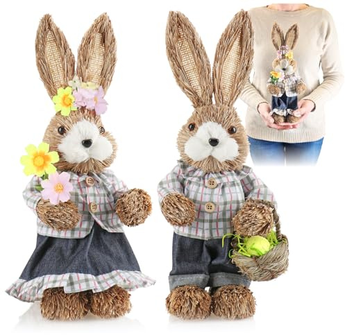 COM-FOUR® 2x XL coniglietto pasquale di paglia fatto a mano - coniglietto pasquale decorativo da 33 cm per la decorazione pasquale - figure di paglia per Pasqua (02 pezzi - quadri bianchi/rossi/verdi)