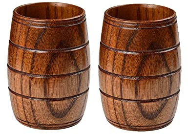 Aritjt 190ml 2 Pieces Wood Barrel Shaped Wooden Beer Cup, Retro Drinkware Beer Mug, Craft Tankard, for Wine Coffee Tea Beer Gift Drinking Cup, for Home Decor, Bar, Cafe Shop, etc