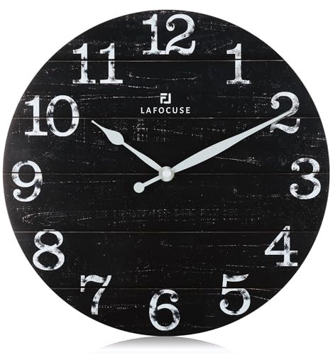 Lafocuse Rustikal Wanduhr Holz Lautlos, Vintage Retro Wanduhr Schwarz, Shabby Chic Deko Ohne Ticken für Wohnzimmer Schlafzimmer Küchen Büro 30cm