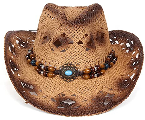 Syangkaitian Sombrero de vaquero de paja para mujeres y hombres, sombrero de vaquero occidental, sombrero de vaquera de paja para hombres y mujeres, sombrero de sol transpirable hueco de ala ancha con