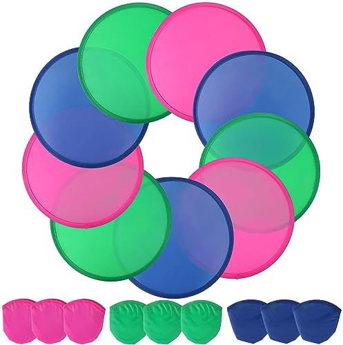 TOSAMZOO Set di 9 dischi volanti pieghevoli o ventole con borsa per riporre assortimenti set di ventole da spiaggia - Disco volante pieghevole da 24,9 cm, 3 colori