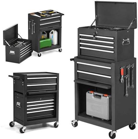 GiantexUK 2-in-1 Tool Cabinet on Wheels, Rolling Lockable Metal Tool Chest Storage Box with Detachable Top Cabinet, 6 Drawers & Hooks, Heavy-duty Toolbox Trolley for Garage Workshop (Black)