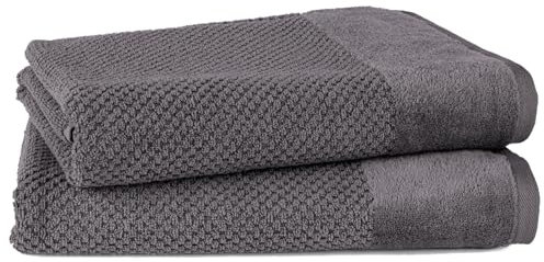 Pure Label 2-TLG. Badetücher Set mit Anhängeschlaufe aus 100% Baumwolle, saugstark, weich und Oeko-TEX Zertifiziert - 2 Badetücher aus Baumwolle 70x140 cm, Anthrazit - Grau