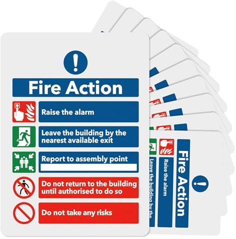 10Pcs Fire Action Notice Sign, 200 x 150mm Safety Signs with Clear Alarm Guidelines, Matte Self-adhesive Vinyl Sticker, Fire Evacuation Procedure