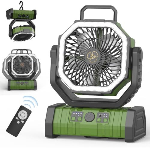 OUWANCH Camping Ventilator mit Akku 20000mAh – USB Tischventilator wiederaufladbar mit LED Licht, Fernbedienung, 4 Stufen, 270° Drehung & Haken, ideal für Zelt, Outdoor & Reisen