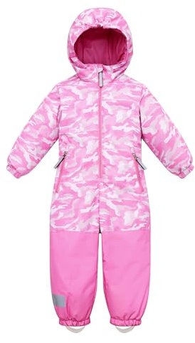 Owntop Schneeanzug Kinder Unisex, Schneeoverall Mädchen Jungen, Winddicht Wasserdicht Skianzug mit Kapuze Reißverschluss (Hellrosa Tarnung,98)