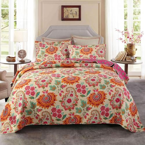 Qucover Tagesdecke Baumwolle 230x250, 100% BaumwolleTagesdecke mit 2 Kissen Set Sonnenblumenmuster, Bettüberwurf 220x240 Doppelbett Bett Überwurfdecke Paisley, Gesteppte Decke im Vintage Stil