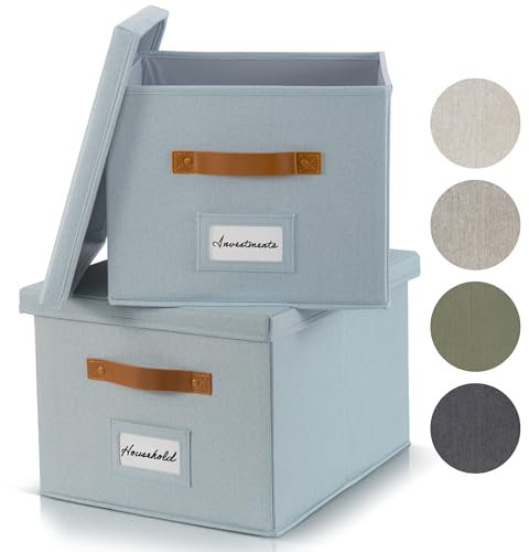 ZICOTO Set di 2 scatole portaoggetti decorative, pieghevoli, in lino, con maniglie, perfette per riporre tutti i documenti e cartelle sospese, cassette portatili con coperchio