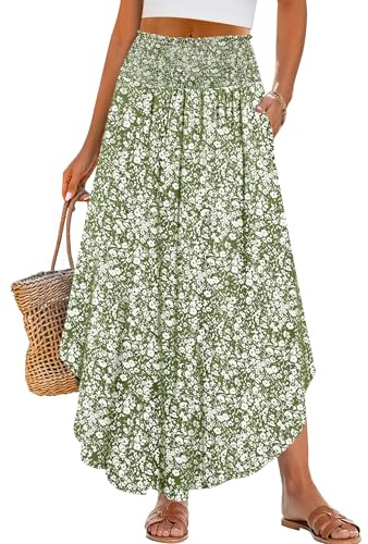ANRABESS Women's Maxi Skirts Summer Boho Floral High Waisted Flowy Swing Pleated Beach Long Skirt with Pockets Green Small